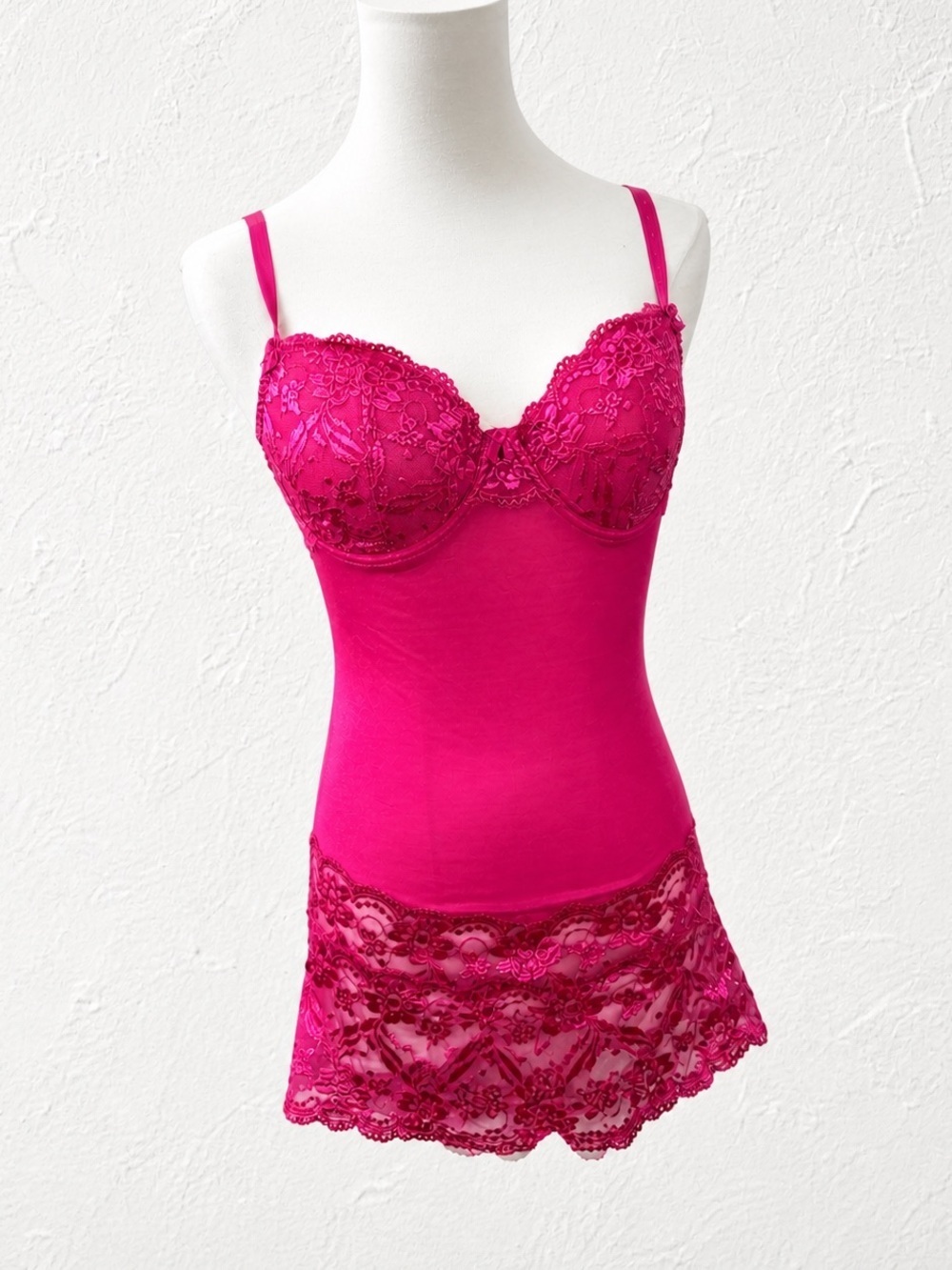 Vintage Fuchsia Lace Bodysuit Top Reworked Bustier Slip Shirt S